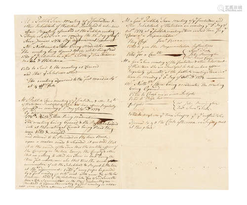 Autograph Manuscript in an unknown hand, minutes of town meetings from June to October, 1774, 4 pp, folio (conjoining leaves, each 300 x 180 mm), Watertown, CT, June 18 to October 17, 1774, PREPARATION FOR REVOLUTION: MANUSCRIPT TOWN COUNCIL MEETING NOTES, 1774.