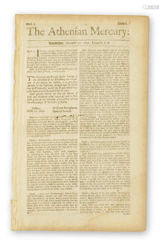 The Athenian Mercury, vol 9, no 6. London: John Dunton at the Raven in the Poultrey, December 31, 1692. FRONT PAGE ARTICLE ON THE SALEM WITCH TRIALS.