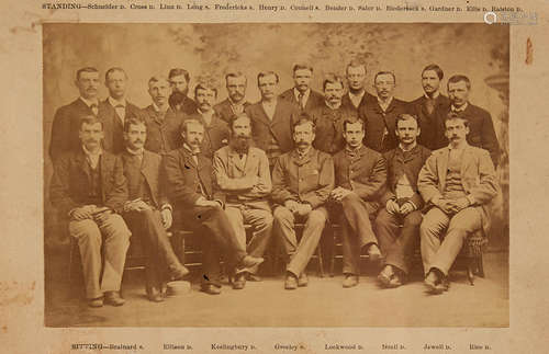 Albumen print cabinet card (8 x 5 inches, 203 x 127 mm), depicting 21 members of the Greely Expedition, GREELY ARCTIC EXPEDITION.