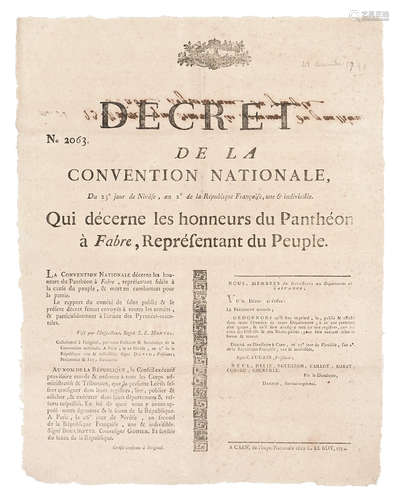 Decret de la Convention Nationale ... Que decerne les honneurs du Pantheon a Fabre, Representant du Peuple. Caen: chez G. Le Roy, 1794. FRENCH NATIONAL CONVENTION.