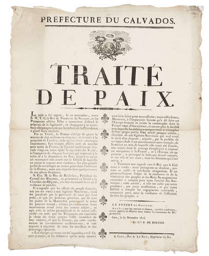 Traite de Paix. Caen: chez A. Le Roy, November 30, 1815. TREATY OF PARIS OF 1815. PREFECTURE DU CALVADOS.