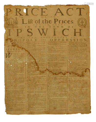 The Price Act or, the List of the Prices now in Force in the Town of Ipswich, for the Prevention of Monopoly and Oppression.   Salem, MA: E. Russell, February 10, 1777. THE FIGHT TO CONTROL WARTIME INFLATION.