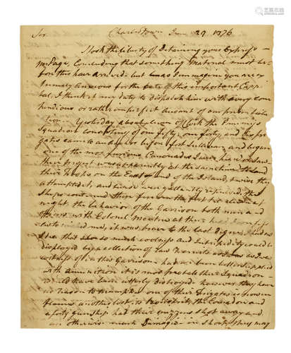 Manuscript Fair Copy of Charles Lee's letter to Edmund Pendleton from Charlestown, SC dated June 29, 1776, RARE NORTH AND SOUTH CAROLINA REVOLUTIONARY WAR CAMPAIGN MANUSCRIPT. [LEE, CHARLES. 1731-1782.]