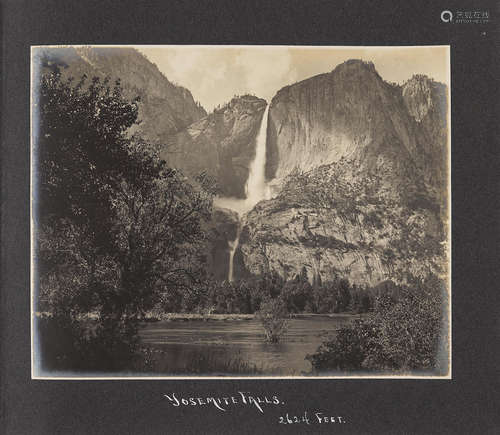 Album of 51 silver print photographs of Yosemite landmarks, c.1903, each 187 x 235 mm laid down to album leaf, with hand-lettered captions in white ink to each page, YOSEMITE PHOTO ALBUM. BOYSEN STUDIO.