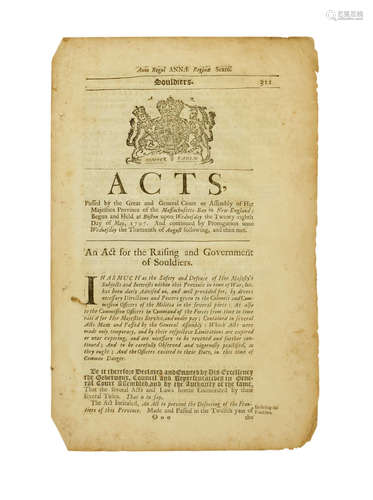 An Act for the Raising and Government of Souldiers.   [Boston: 1707?] QUEEN ANNE'S WAR.