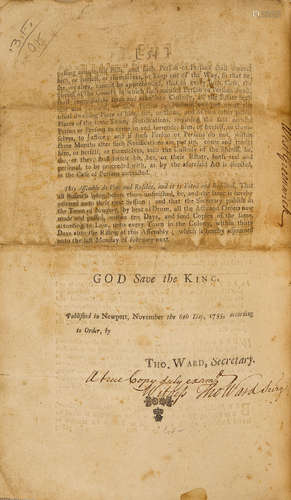 At the General Assembly of the governor and Company of the English colony of Rhode-Island, and Providence-Plantations in New-England in America ... September [and October], one thousand seven hundred and fifty five... [Newport: Printed by Ann Franklin, 1755.]  FRENCH AND INDIAN WAR: PRINTER ANN FRANKLIN. FRANKLIN, ANN SMITH. 1696-1763, printer.