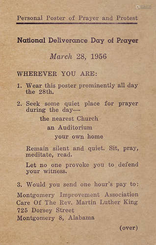 Personal Poster of Prayer and Protest / National Deliverance Day of Prayer.   Montgomery, AL: 1956. CIVIL RIGHTS MOVEMENT: MARTIN LUTHER KING.