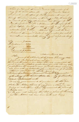 Manuscript Fair Copy in unknown hand of New Hampshire official, acknowledging receipt of $20,000 pay and subsistence for state militia,  WAR OF 1812: NEW HAMPSHIRE.