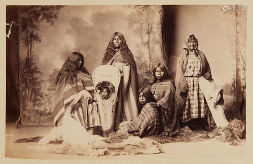 5 albumen print photographs of Taos Indians and the Taos pueblo, various sizes (90 x 162 mm to 135 x 200 mm), all laid down to 235 x 315 mm board, TAOS INDIANS. JACKSON, WILLIAM HENRY. 1843-1942.