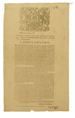 A PROCLAMATION. Whereas information has been received, that several lawless bodies of armed men have, at sundry times, assembled in the county of Allegheny ... and ... have committed various cruel and aggravated acts of riot and arson....   Philadelphia: August 7, 1794. WHISKEY REBELLION BROADSIDE. MIFFLIN, THOMAS.