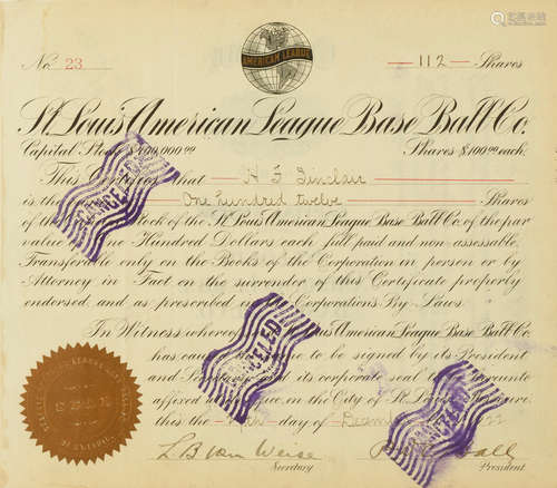 Document Signed of L.B. Van Weise and Philip DeCatesby Ball, partially printed and accomplished in manuscript, ST. LOUIS BROWNS BASEBALL TEAM.