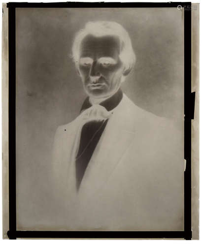 Glass negative, dry plate process, being a bust portrait by Matthew Brady of a beardless Lincoln, 17 x 14 inches (430 x 355 mm), late 19th century, few scratches. BEARDLESS LINCOLN: THE PHOTOGRAPH THAT MADE HIM PRESIDENT. [LINCOLN, ABRAHAM. 1809-1865.]