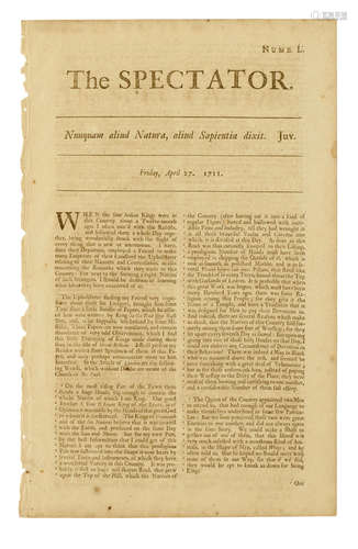 The Spectator, no L. London: Printed for Sam. Buckley, at the Dolphin, April 27, 1711. FOUR INDIAN KINGS. ADDISON, JOSEPH, editor.