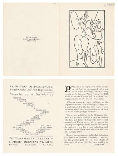 Exhibitions of Paintings by French Cubists and Post Impressionists.  New York: Wanamaker Gallery of Modern Decorative Arts, November 22 to December 17, [1921]. MODERN ART.