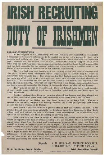 Irish Recruiting / Duty of Irishmen. Dublin, Sackville Press, c.1944. IRISH BRIGADE IN WORLD WAR II. IRISH RECRUITING COUNCIL.