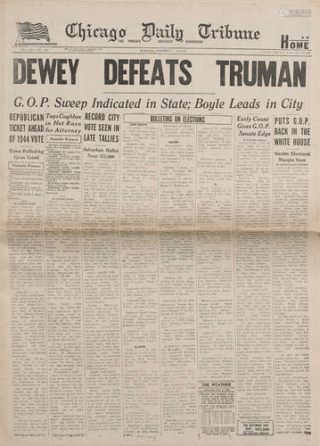 Chicago Daily Tribune vol. CVII, no. 264.  Two star edition.   Wednesday, November 3, 1948. DEWEY DEFEATS TRUMAN.