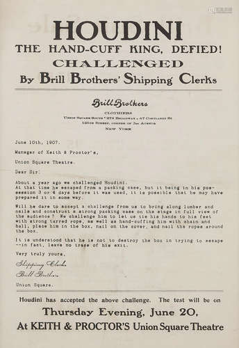 Houdini the Hand-cuff King Defied! Challenged by Brill Brothers' Shipping Clerks. [New York: Brill Brothers, 1907]. HOUDINI CHALLENGE HANDBILL.