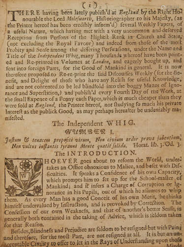 The Independent Whig [Caption Title]. [Philadelphia: S. Keimer, 1723-1724.] EARLY FRANKLIN IMPRINT AND THE FIRST MAGAZINE TO BE PRINTED IN AMERICA. [FRANKLIN, BENJAMIN, PRINTER. 1706-1790. TRENCHARD, JOHN; AND GORDON, THOMAS, EDITORS.]