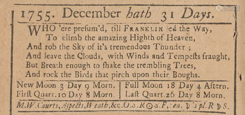 An Astronomical DIARY: or an Almanack for the Year of our Lord CHRIST, 1755.... Boston: J. Draper, [1754]. BEN FRANKLIN AND HIS FABLED KITE EXPERIMENT. AMES, NATHANIEL.