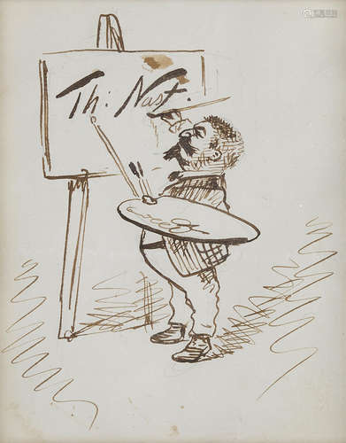 Original ink drawing, a self-portrait styled as a fine art painter, SPLENDID SELF-PORTRAIT OF THOMAS NAST, SIGNED. NAST, THOMAS. 1840-1902.