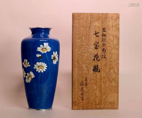 Japanese Blue Cloisonne Vase with Wood Presentation Box