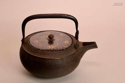 Japanese Iron Teapot with Lacquer Lid and Silver Wire