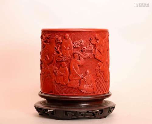 Chinese Cinnabar Brushpot with Lohan on Stand