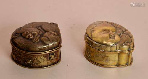 Two Japanese Bronze Box - Puppy and Girl