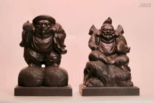 Pair Japanese Bronze Figurines on Square Base - Meiji