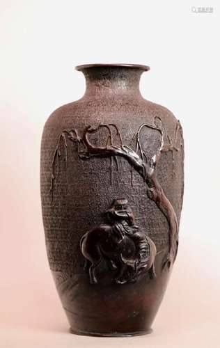 Japanese Bronze Vase - Boy riding Ox - Willow Tree