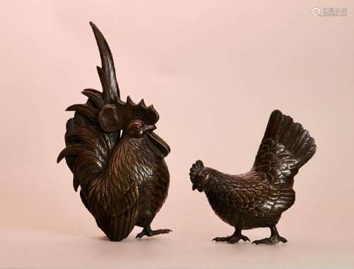 Japanese Mixed Metal Bronze Rooster - Pair