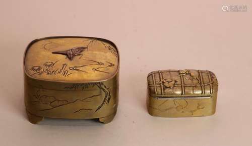 Two Japanese Bronze Box - Heron and Rat