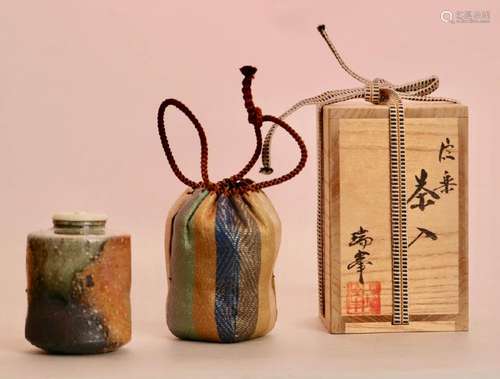 Japanese Ceramic Tea Jar with Silk Pouch