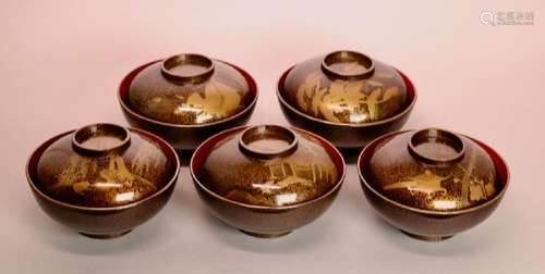 Japanese Gold Lacquer Bowl Set - Edo Scene