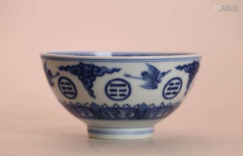 Chinese Blue White Porcelain Bowl with Cranes