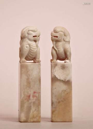 Pair Chinese Soapstone Seals with Foolion