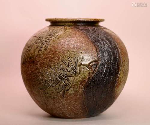 Japanese Cermic Vase with Incised Pine DÃ©cor  - Fitted