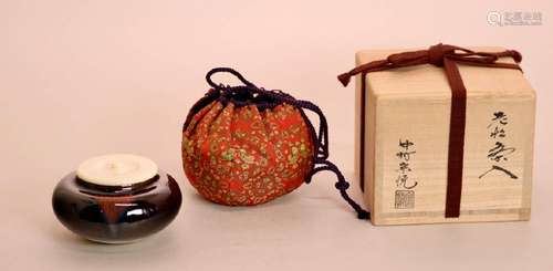 Japanese Ceramic Cha Caddy with Silk Pouch