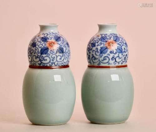 Pair Japanese Porcelain Double Gourd Bottle Vases