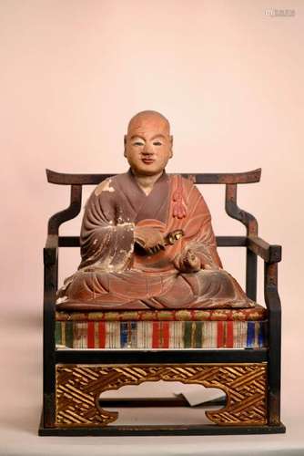 Japanese Lacquered Wood Seated Priest on Chair