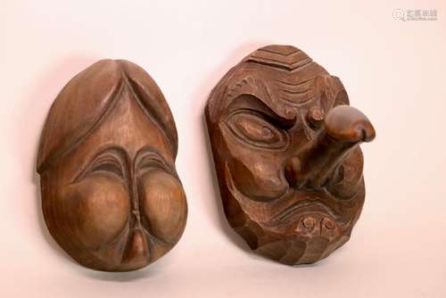 Two Japanese Erotic Mask Wood Okimono