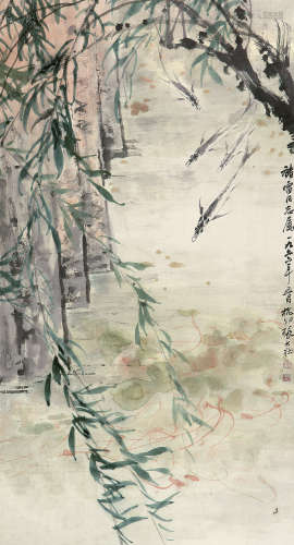 张大壮（1903～1980） 1966年作 柳塘鱼乐 立轴 纸本