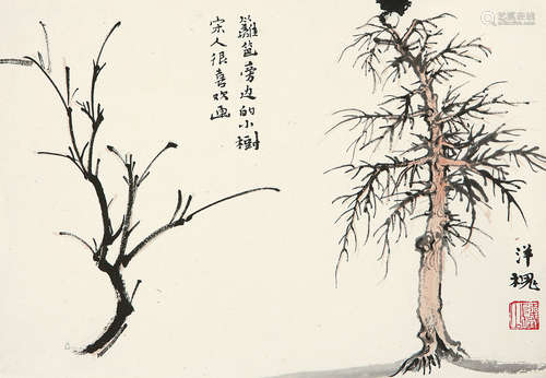 陆俨少（1909～1993） 洋槐画稿 镜片 纸本