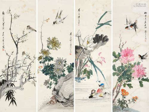 朱偁（1826～1900） 花鸟 四屏轴 纸本