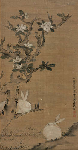 蒋溥（1708～1761）（款） 1727年作 梨花双兔 镜片 绢本
