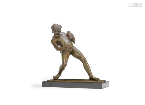 After the Antique: A green patinated bronze figure of  a faun with a wine sack  probably Italian, first half 20th century