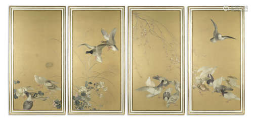 A set of four late 19th century / early 20th century decorative Japanese embroidered silk screen panels depicting Oriental turtle doves and cherry blossom mounted within Mallets type frames