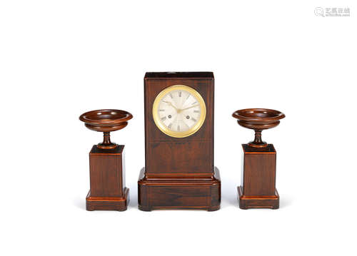 the dial signed Oudin A second quarter 19th century French rosewood and boxwood inlaid mantel clock garniture