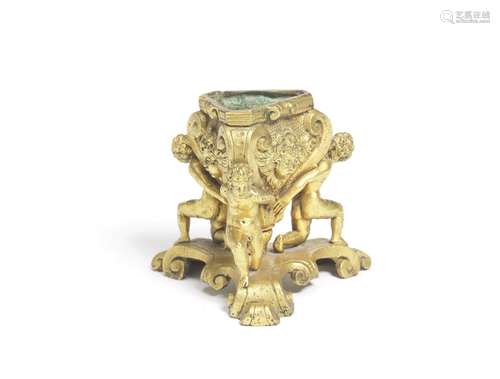 the former probably Venetian or Paduan, early 17th century, the later probably late 19th or early 20th century  Manner of Nicolo Roccatagliata (Italian, active, 1593-1636) & after Leone Leoni (Italian, 1509-1590): A gilt bronze figural candlestick base & a Renaissance style bronze figural inkwell Hercules