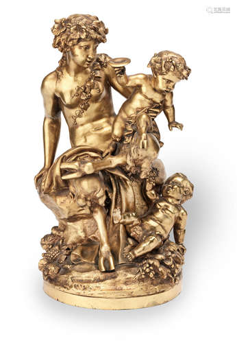 After Claude Michel Called Clodion (French, 1738-1814): A late 19th century gilt bronze figural group of a bacchante, a faun and a putto